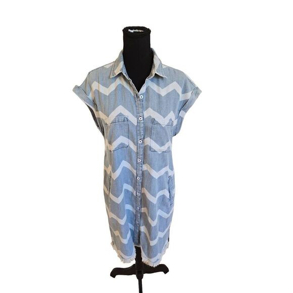 Billy T Lila Shirtdress Womens Denim Chevron Button Front Blue Dress Small - Picture 1 of 12